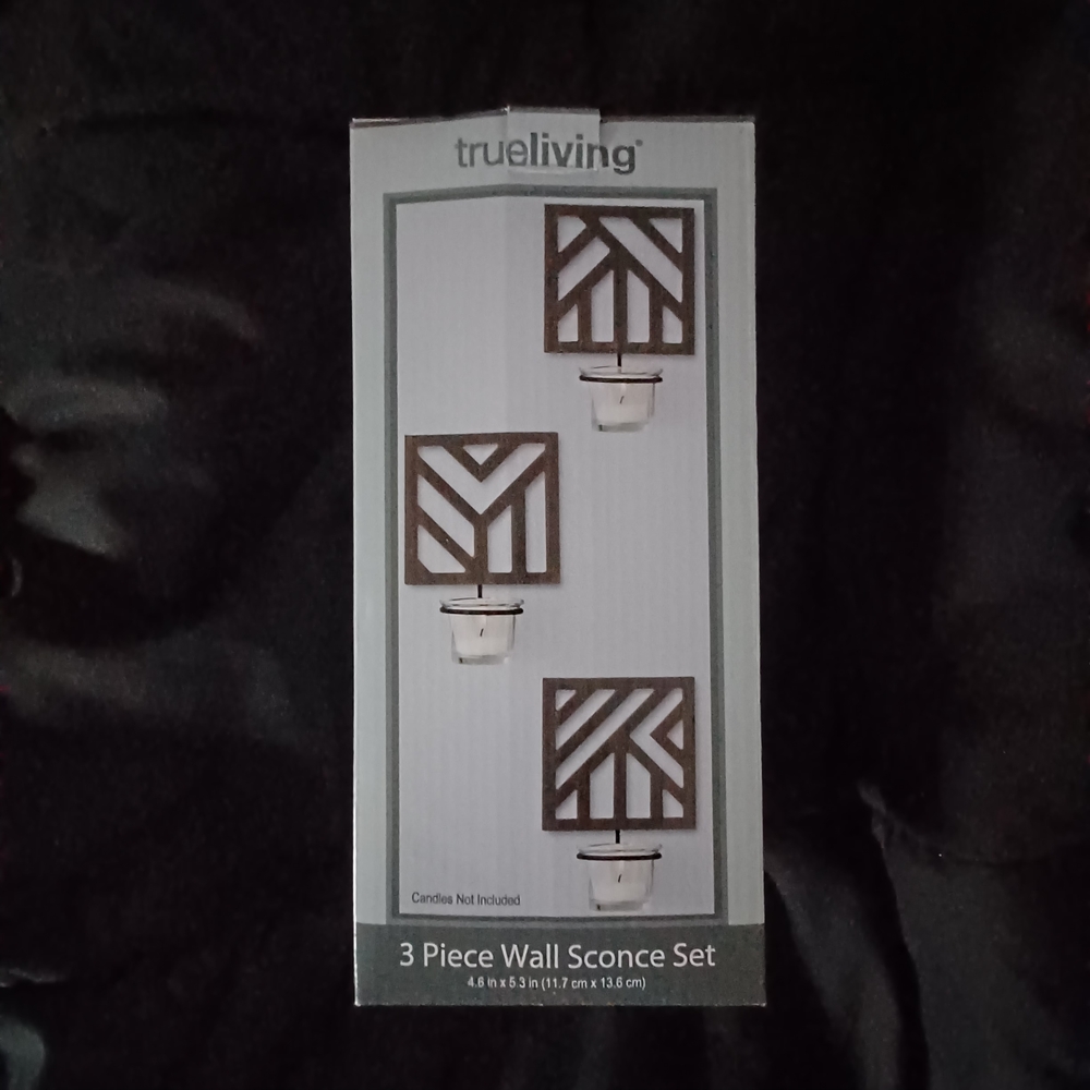 Brown 3-Piece Wall Sconce Tealight Candle Set Dark Wooden Geometric Design Hang